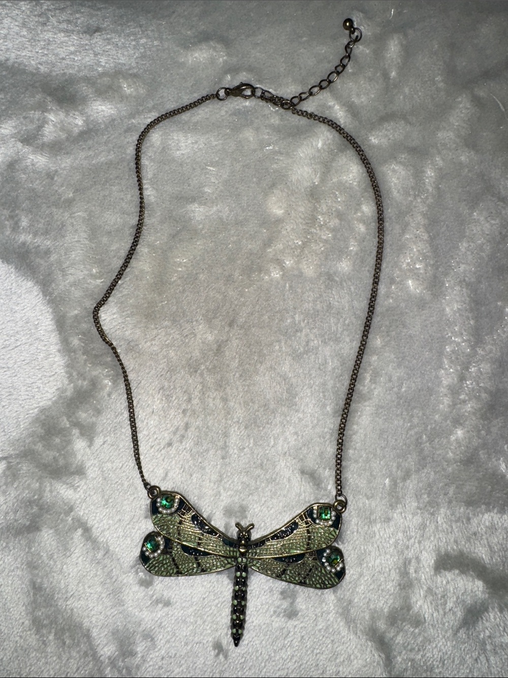 Dragonfly Pendant Necklace with Green Rhinestones